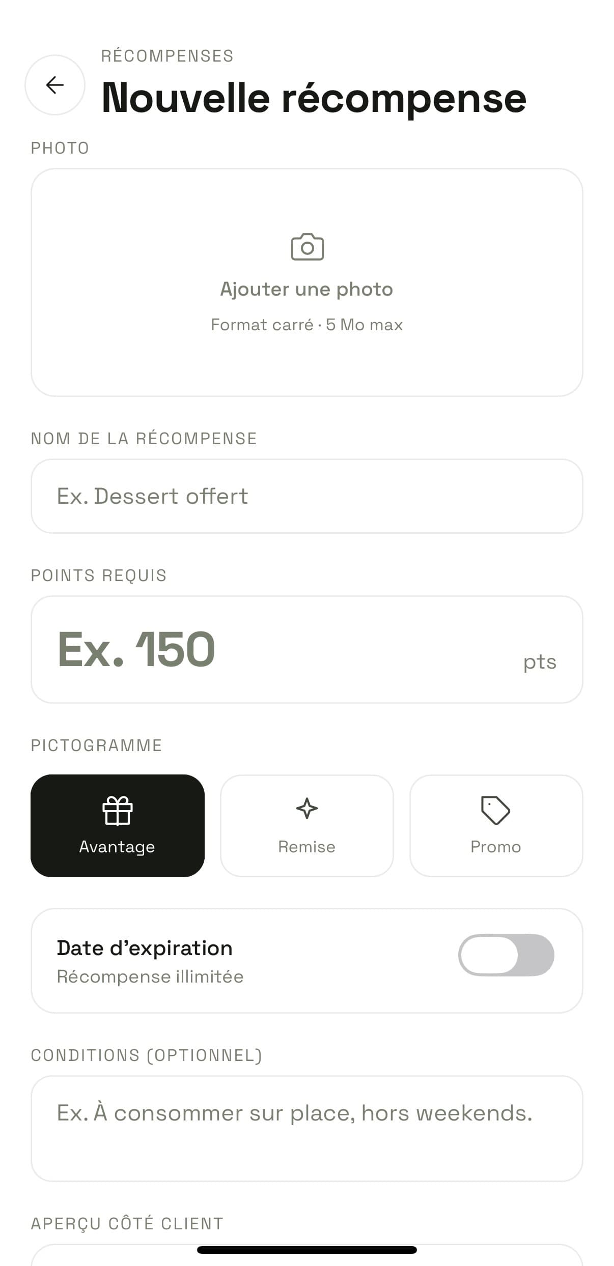 Formulaire de création d'une récompense
